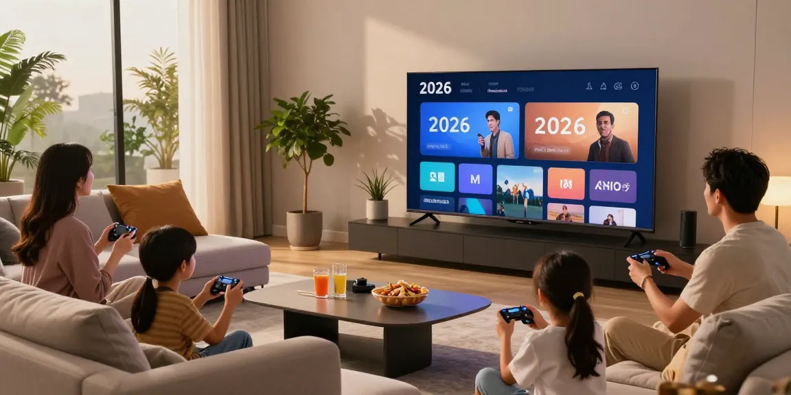 Family enjoying interactive smart TV 2026 with streaming options in a cozy living room.
