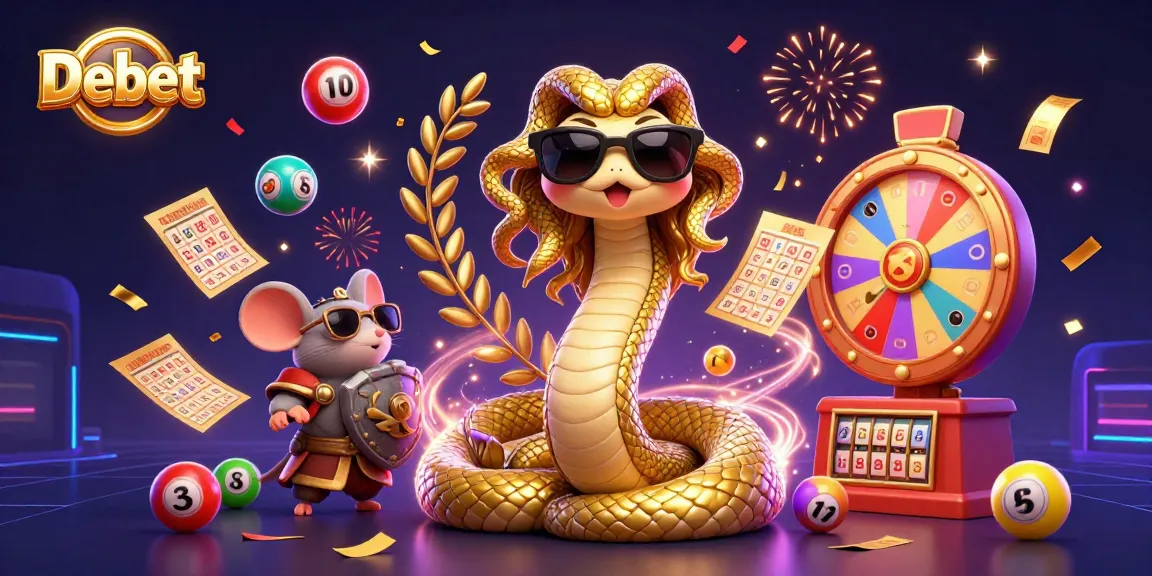 Engage with Debet in a vibrant casino scene filled with animated lottery elements and cheerful characters.