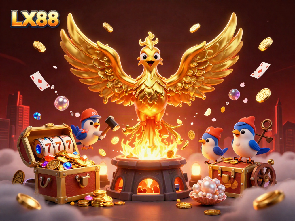 LX88 features a molten metal phoenix amidst explosive gold coins and slot reels in a dynamic casino illustration.