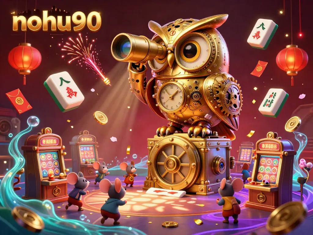 Engage with nohu90's vibrant casino scene featuring a golden owl and bustling patrons amidst floating game elements.