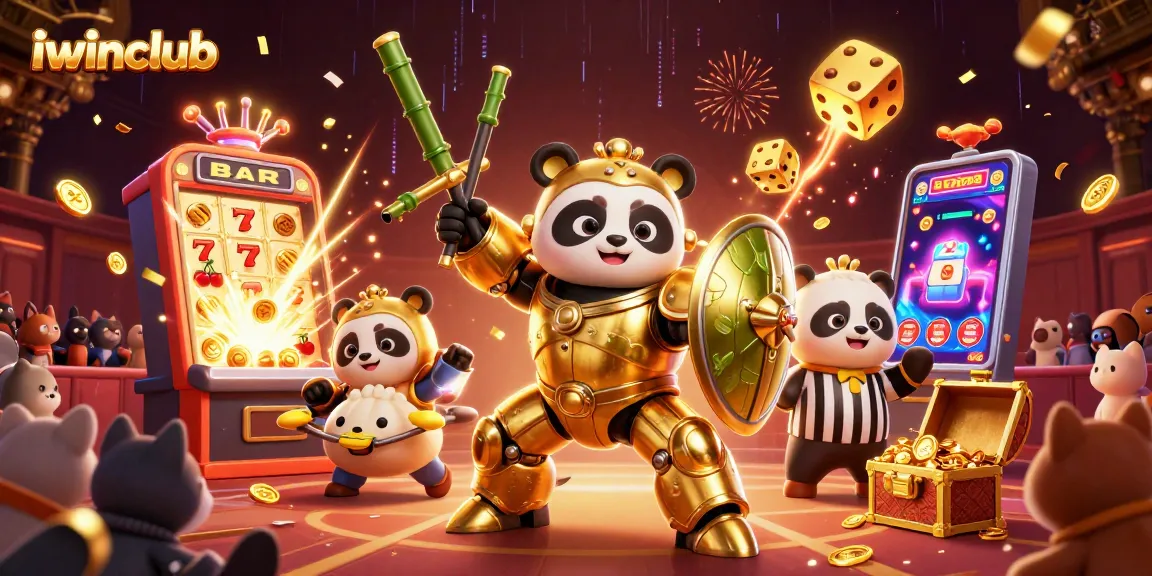 Iwinclub engages players with a vibrant 3D scene filled with jackpots, exciting gaming elements, and animated characters.