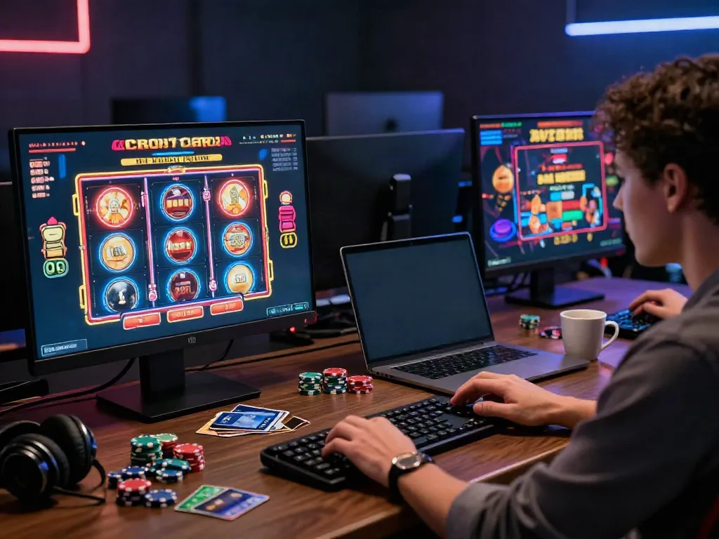 Player enjoying games at casinos that accept credit cards, showcasing vibrant gaming setup.