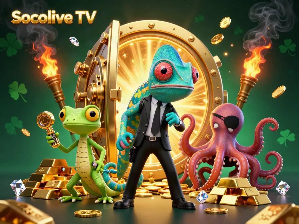 Socolive TV showcases a vibrant scene with cartoon agents and gold elements capturing the excitement of live betting.
