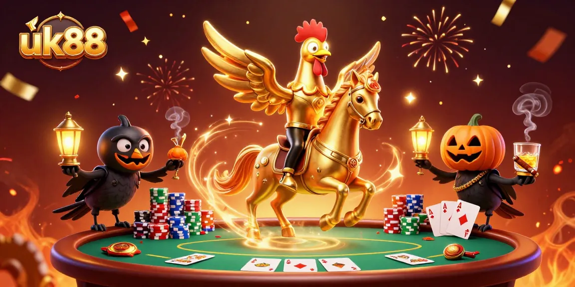 Join the excitement with uk88 at a vibrant casino featuring a golden rooster character.