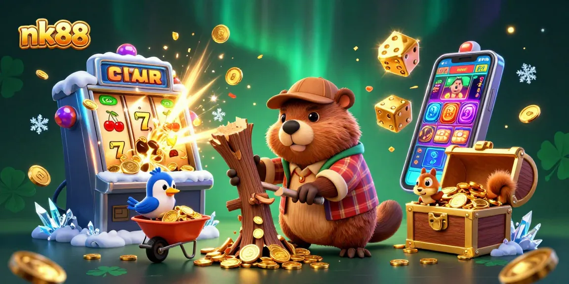 Spin slots and win golden coins with nk88 in a vibrant cartoon casino world filled with excitement.