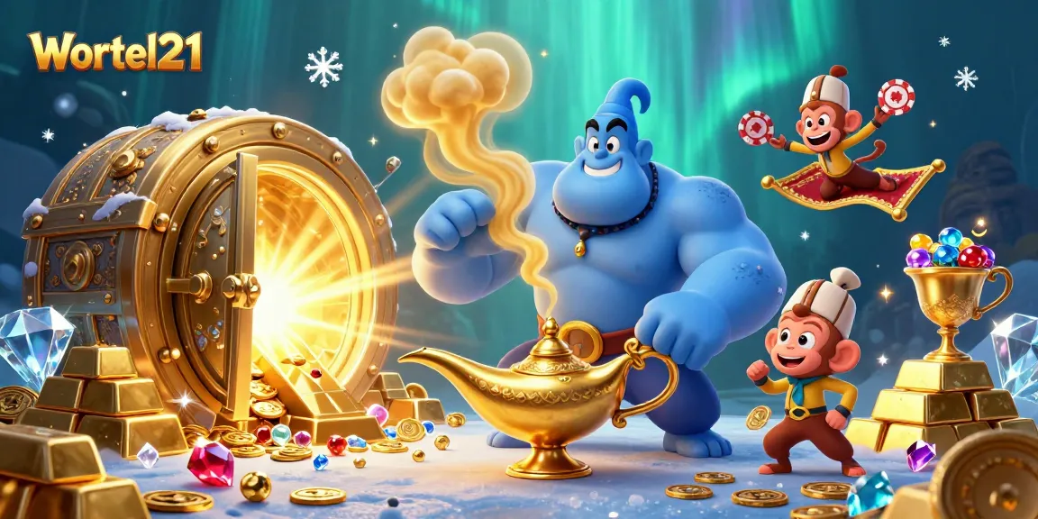Experience intense gameplay with Wortel21, featuring a genie, treasures, and vibrant casino elements.