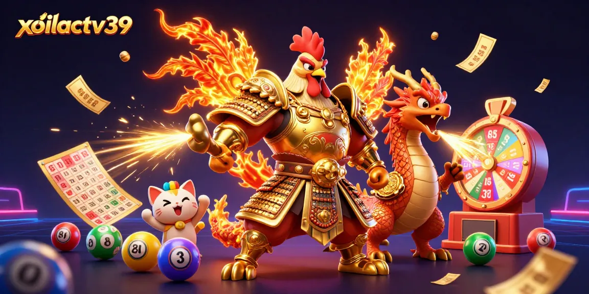 Watch dynamic gaming action with xoilactv39, featuring vibrant characters and lottery elements.
