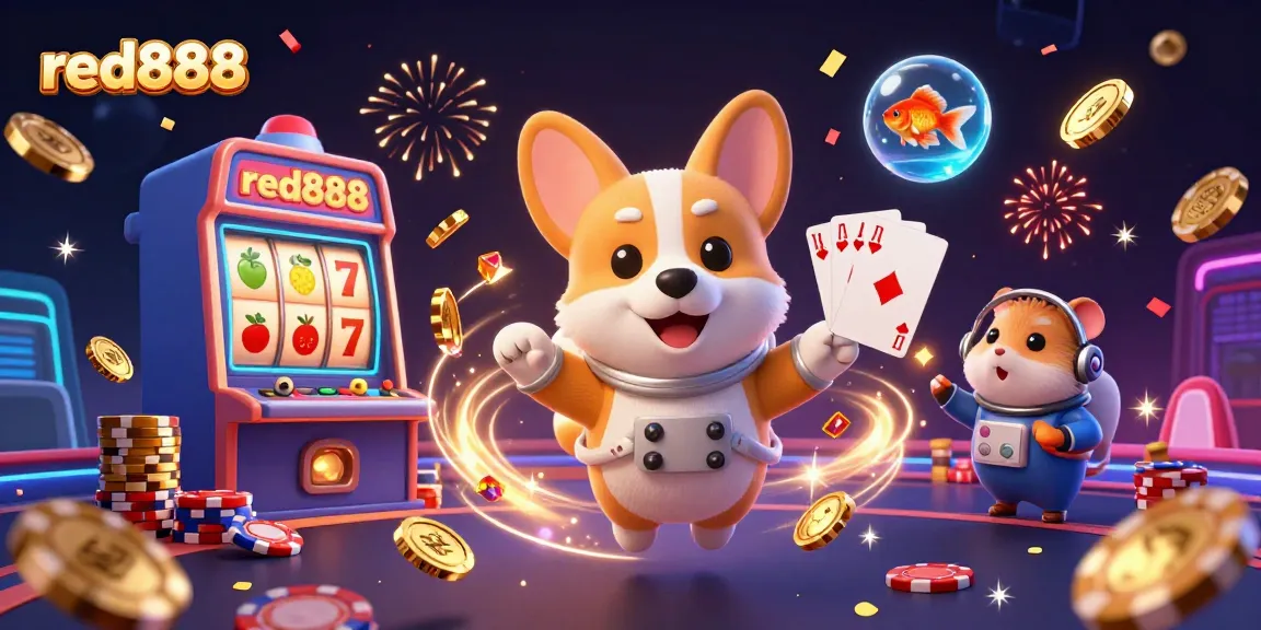 Experience the vibrant red888 casino with a corgi astronaut amidst jackpot slots and flying coins.