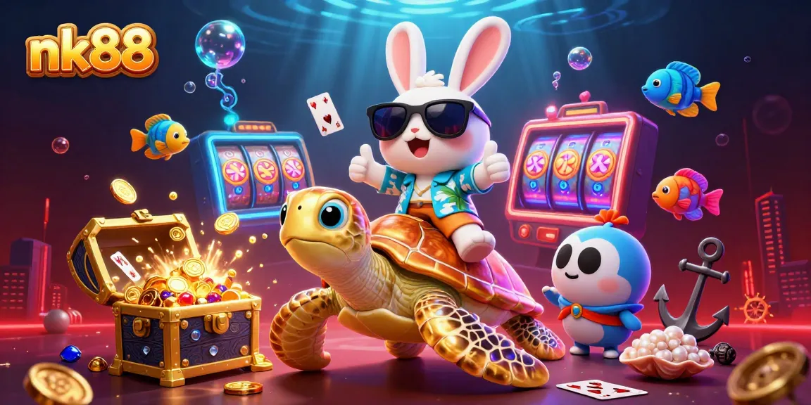 Experience the thrill of nk88 with a lucky rabbit and sea turtle in a vibrant casino scene.