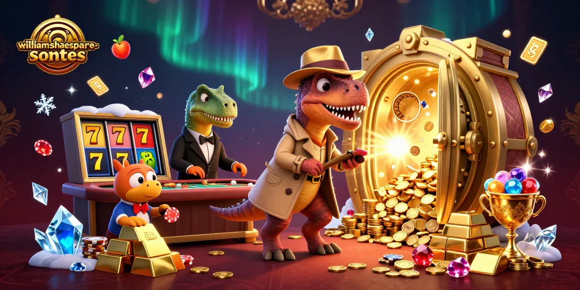 Engage in thrilling blackjack with the williamshakespeare-sonnets gaming scene, featuring playful velociraptors and gold treasures.