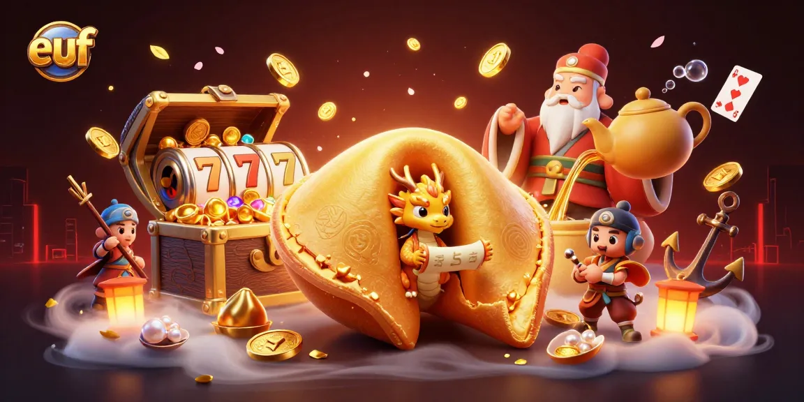Euf’s dynamic casino world featuring a golden fortune cookie and dragon amidst vibrant gaming elements!