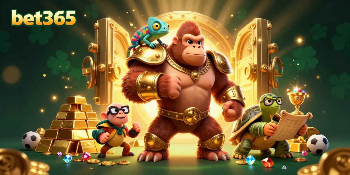 Win big with bet365 in an engaging 3D casino scene featuring a gorilla king, chameleon spy, and wise tortoise.