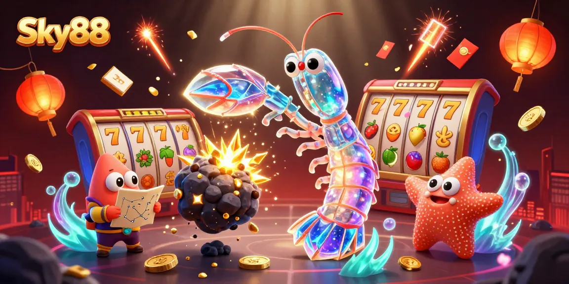 Sky88 illustrates an exciting casino atmosphere with sparkling coins and slot reels enhancing the experience.