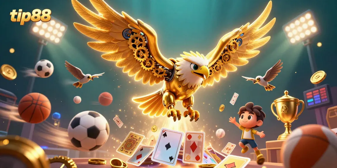 Engage in thrilling gameplay with tip88, featuring a cybernetic eagle amidst dynamic sports elements.