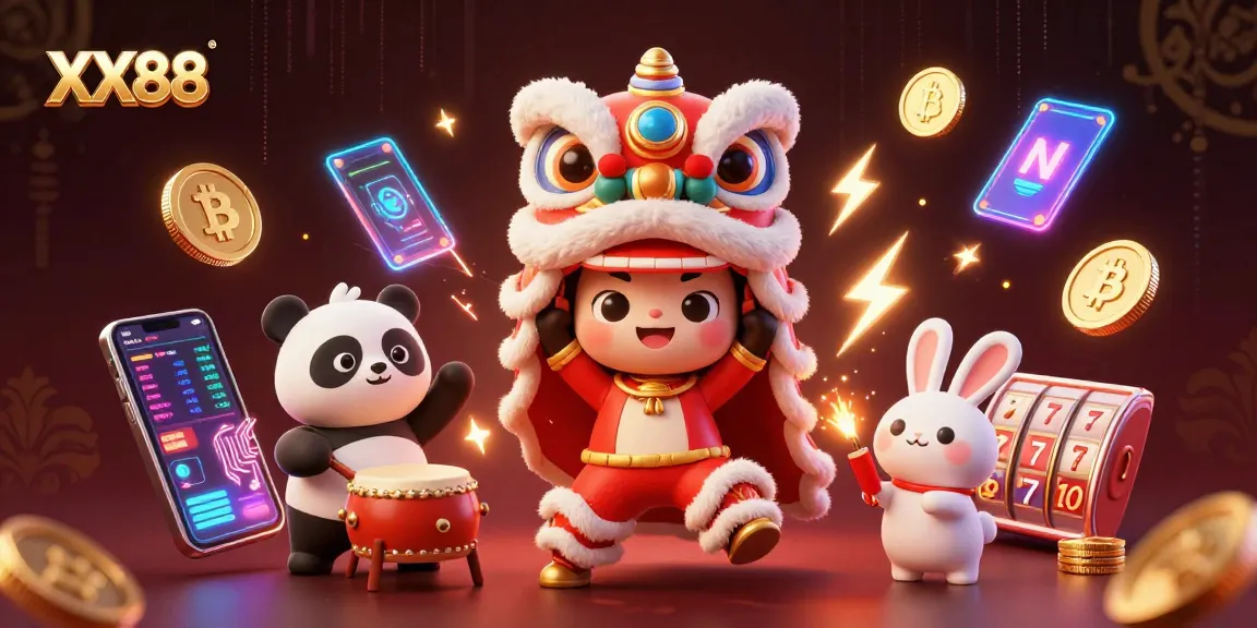 Play exciting games at XX88 with vibrant characters, glowing crypto elements, and rich casino symbolism.
