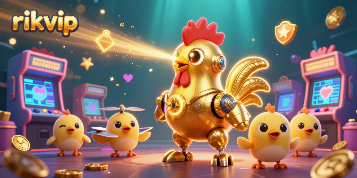 Experience the excitement of rikvip with a golden rooster robot in an immersive gaming scene.