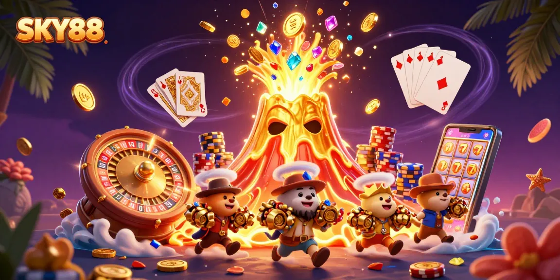 Experience thrilling wins at SKY88 with cascading coins and vibrant gaming elements in a captivating scene.