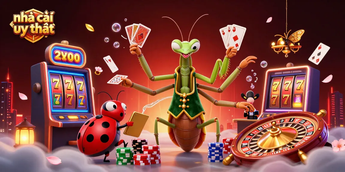 Engage with vibrant gameplay at nhà cái uy tín featuring a giant mantis card sharp dealing cards and a ladybug pit boss overseeing lively slot machines.