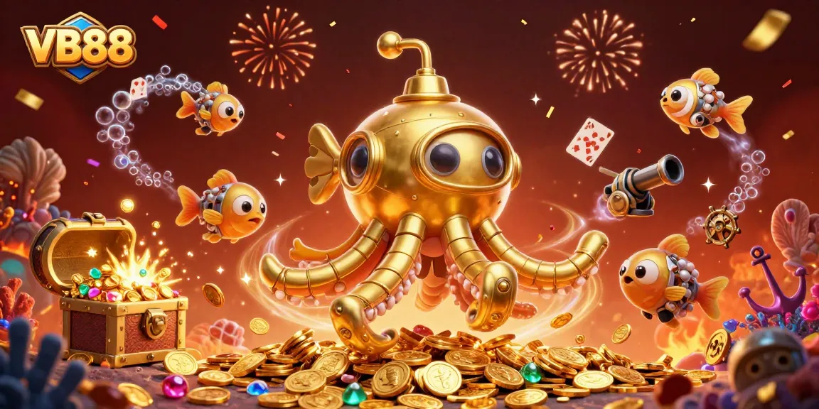 Experience the thrill of VB88 with a golden submarine amidst riches, enhancing your gaming adventure.
