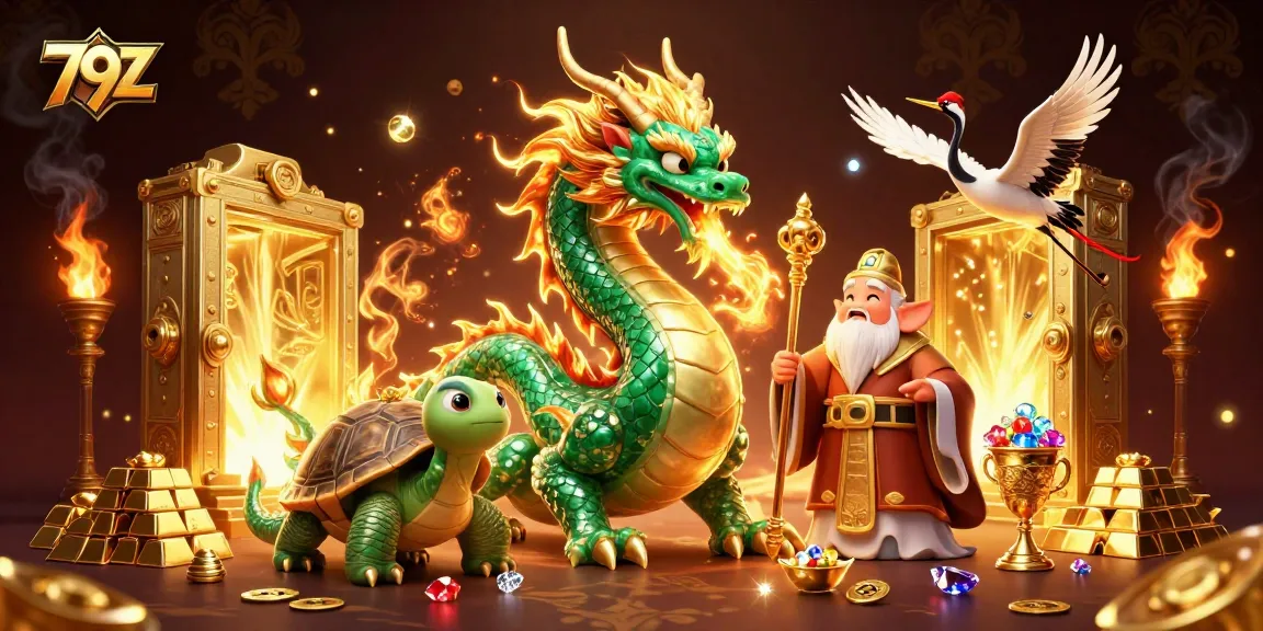 Engage in thrilling gameplay on 79Z with a captivating treasure-filled scene featuring a dragon and lucky crane.