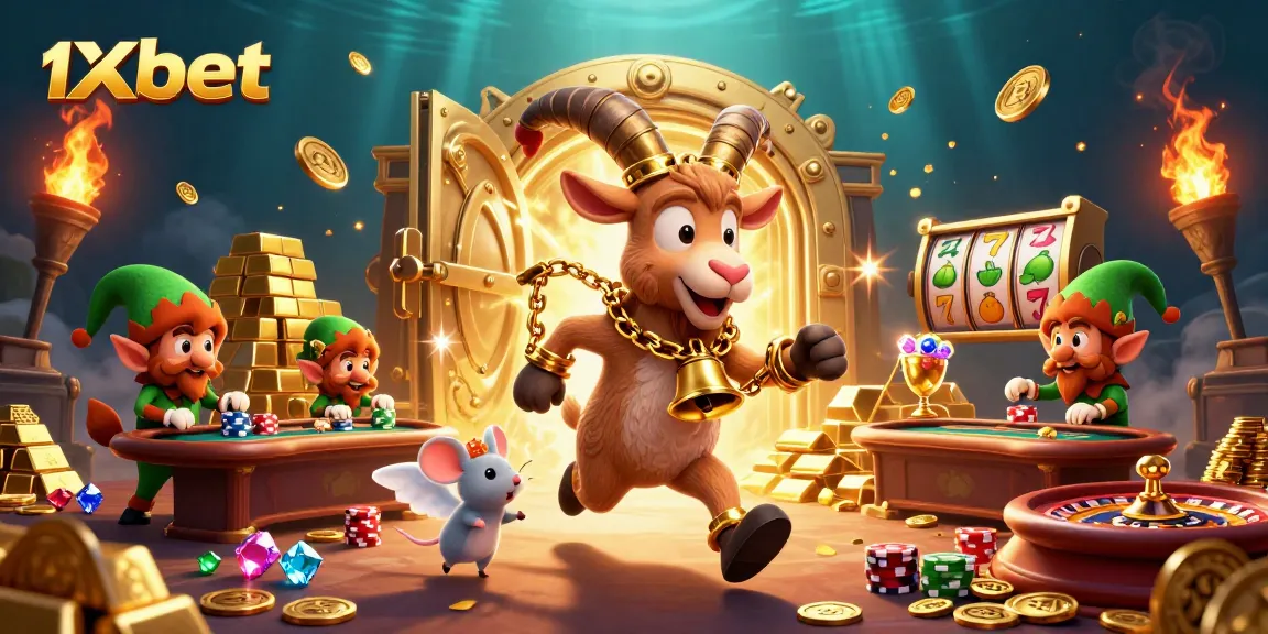 Experience the excitement of 1xbet with festive characters in a dynamic holiday-horror casino scene filled with treasures.