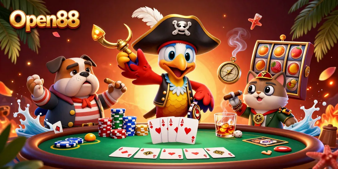 Engage with Open88 in a vibrant 3D casino scene featuring poker, slots, and lively characters.