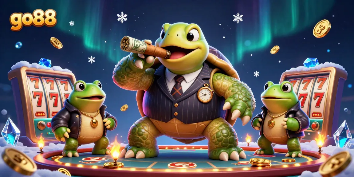 Spin the reels at go88 with an adventurous turtle and bullfrog enforcers in a dynamic casino scene.