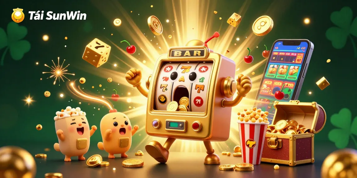Tải SunWin showcases a jubilant golden slot machine hitting a jackpot amidst flying coins and exciting casino elements.