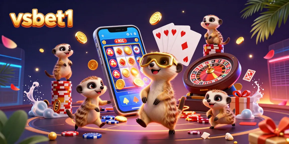 Experience the excitement of vsbet1's casino operations with charming meerkats stealing chips in a vibrant illustration.