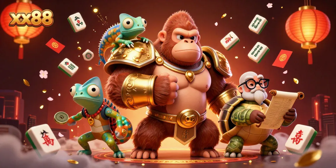 Experience the excitement of xx88 with a dynamic scene of a gorilla king, chameleon spy, and tortoise elder in a vibrant casino.