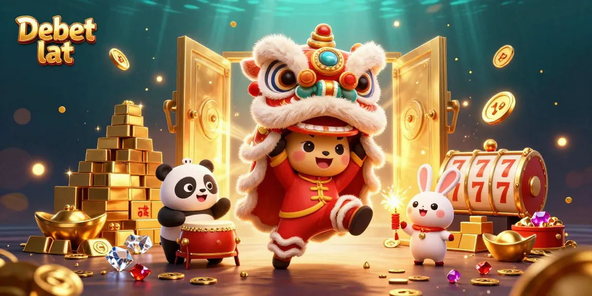 Engage with "Debet lat" in this vibrant 3D illustration of a festive casino scene, bursting with luck and treasure.