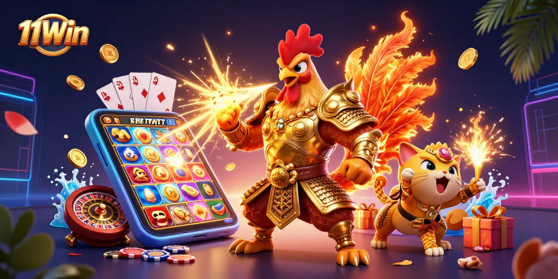 Engage with 11Win's dynamic gaming scene featuring vibrant characters and thrilling casino elements.