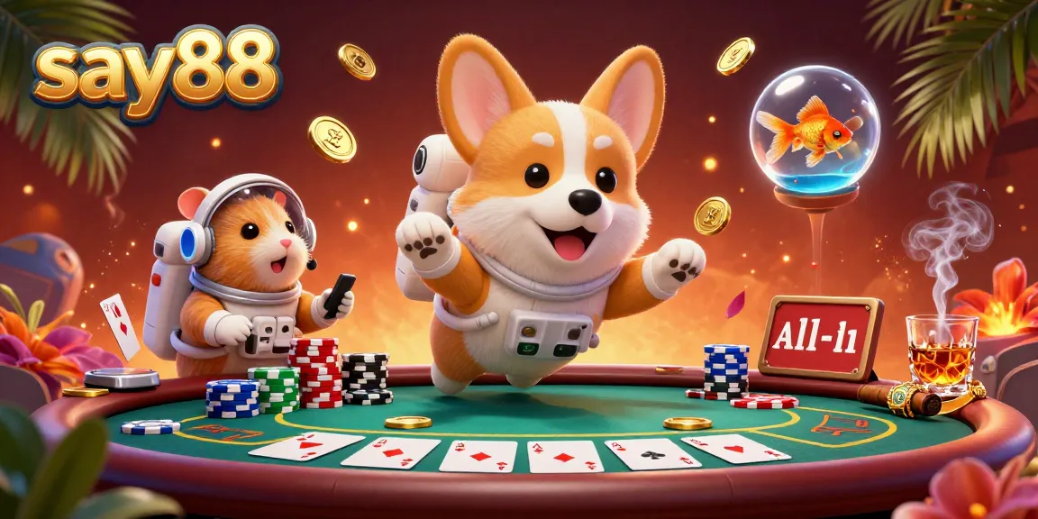 Experience thrilling gambling at say88 with a floating corgi in a casino, surrounded by poker chips and golden coins.
