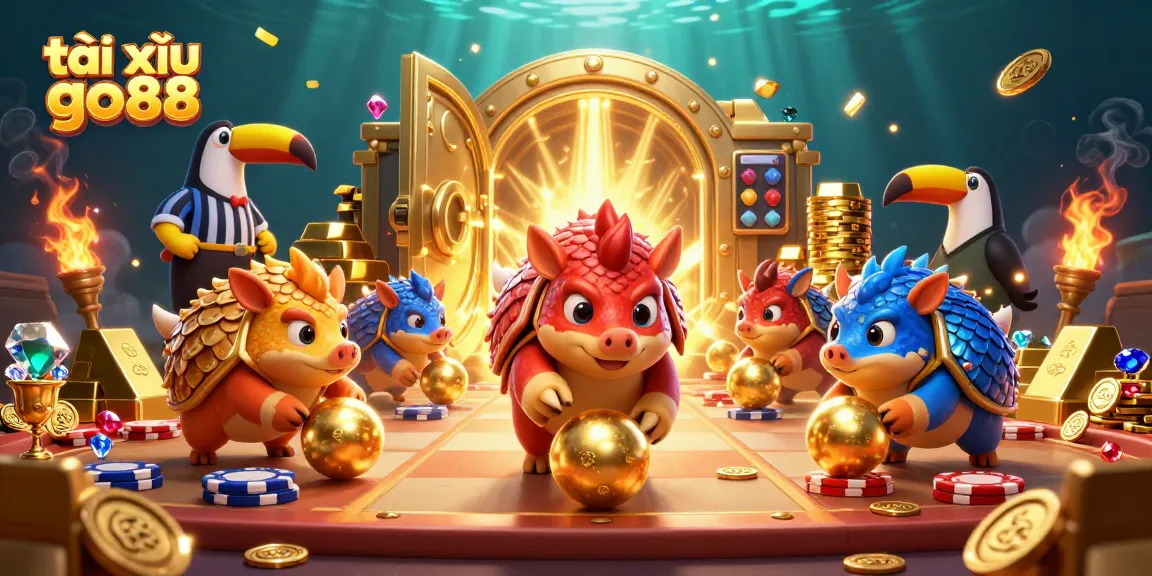 Experience thrilling gameplay with tài xỉu go88 as rival pangolins compete amidst sparkling gold and poker chips.