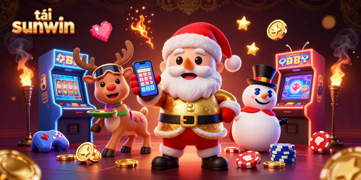 Engage with tải sunwin in this vibrant casino-themed illustration featuring Santa and friends.