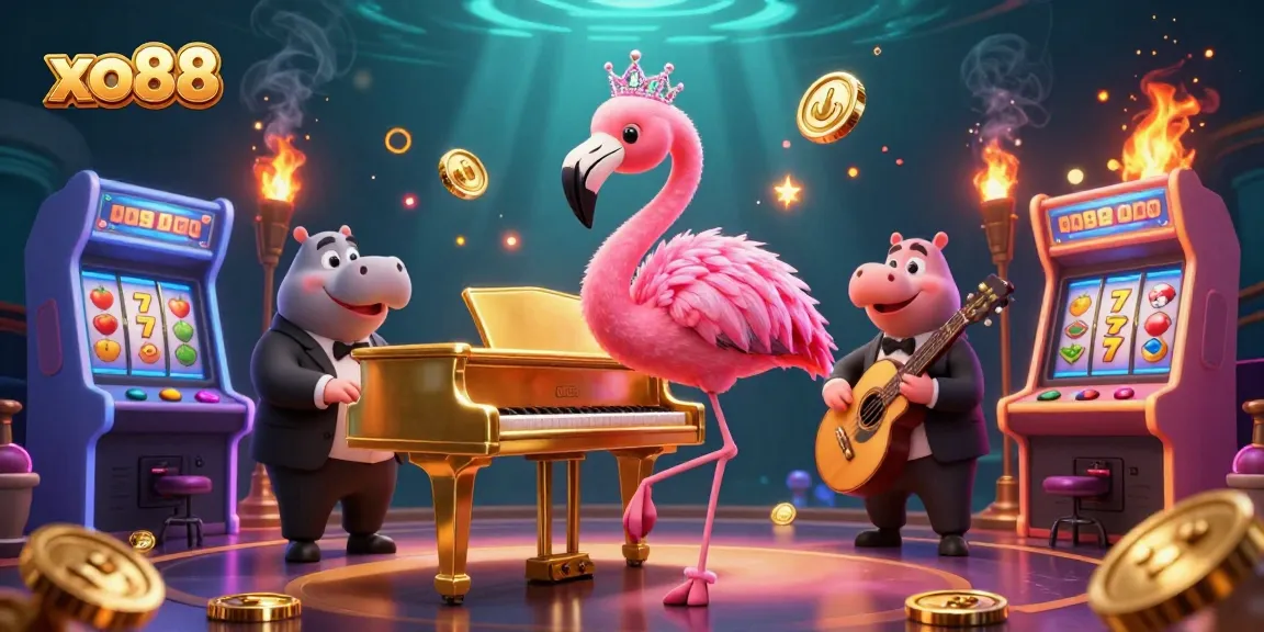 Engage with xo88's vibrant gaming scene featuring a flamingo singer and hippo bassist.