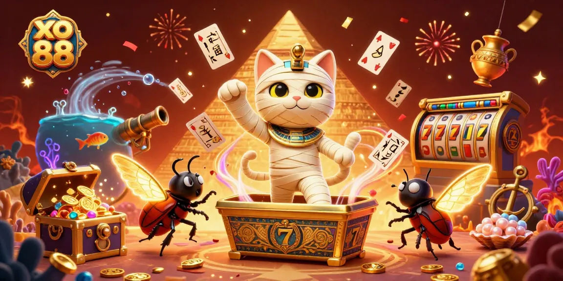 Experience the excitement of xo 88 with a vibrant 3D illustration of a mummy cat in a casino.