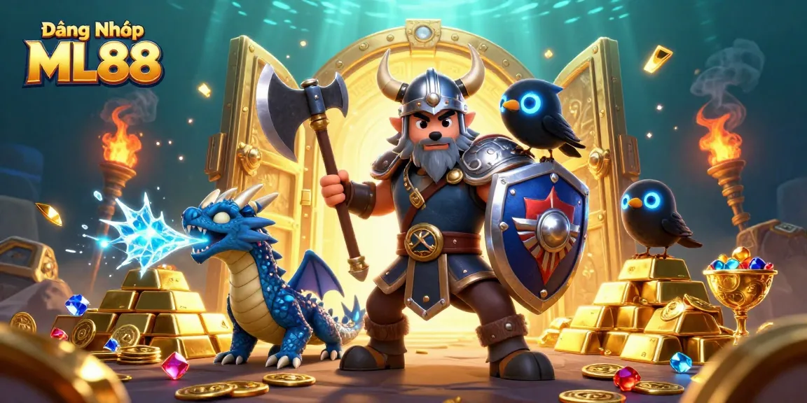 Engage with Đăng Nhập ML88 as the Viking wolf warrior claims treasures in this vibrant 3D casino scene.