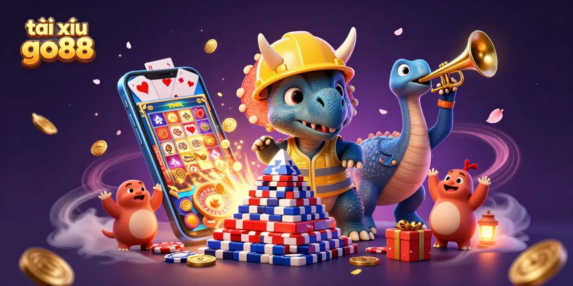 Engage with the excitement of tài xỉu go88, depicted through a dynamic 3D scene of playful characters and vibrant casino elements.