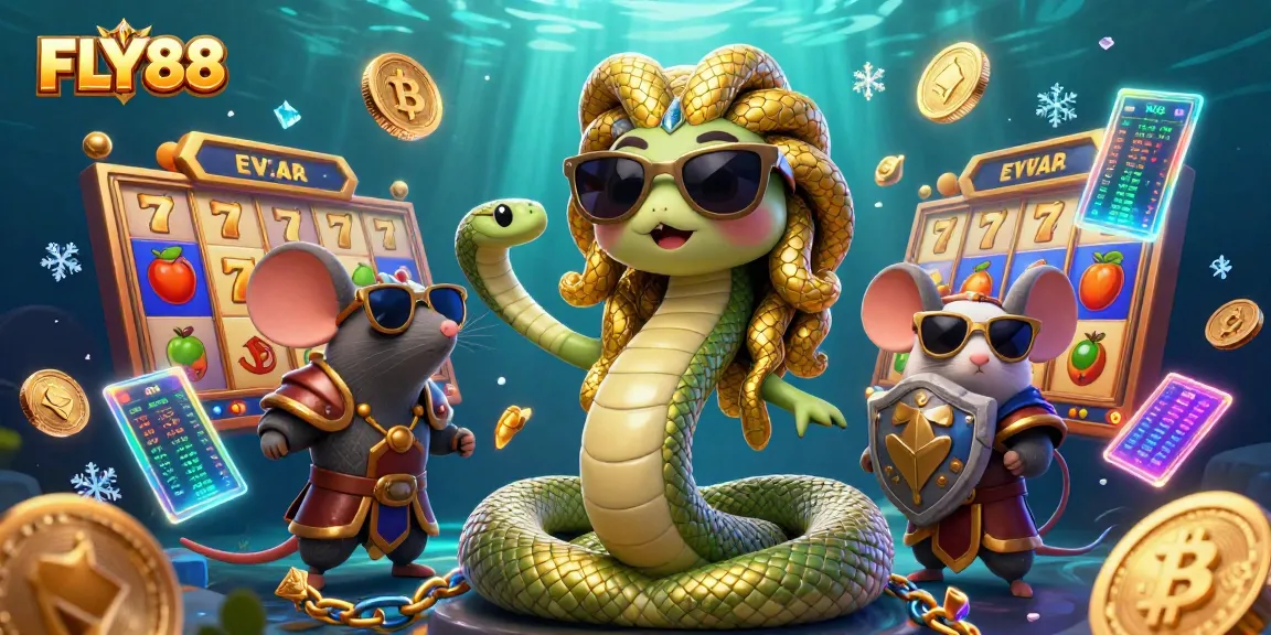 Fly88's vibrant online gaming scene showcases Medusa and a warrior mouse with slot reels, immersing players in thrilling jackpots.