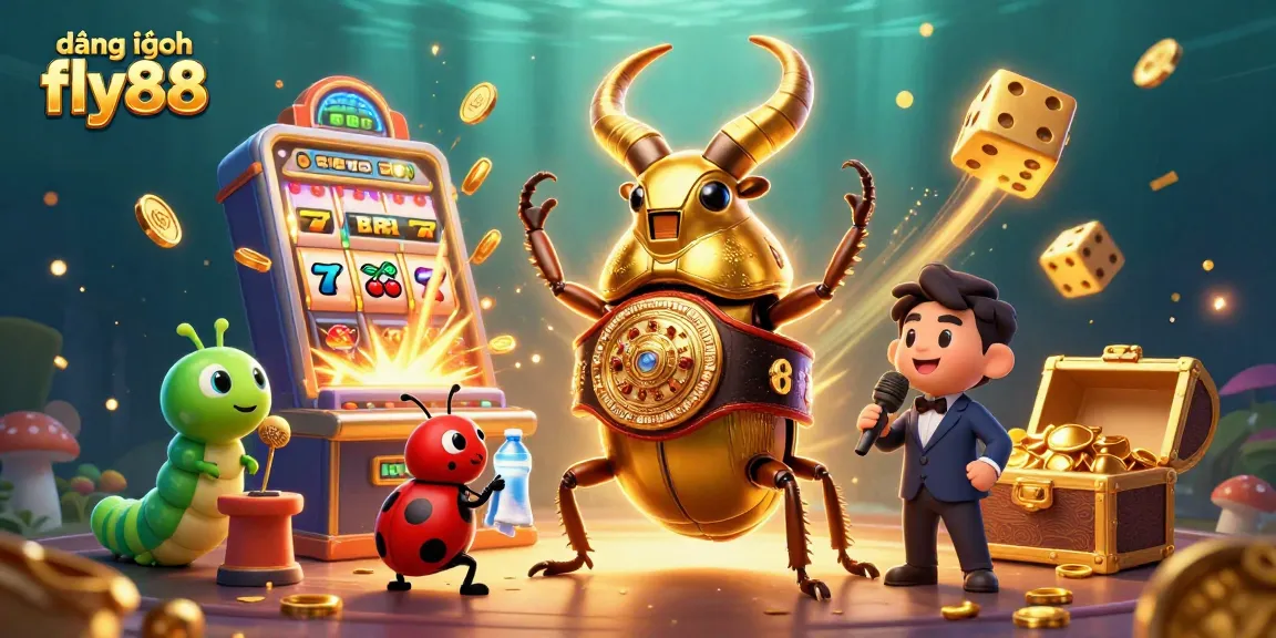 Join the excitement at đăng nhập fly88 with a dynamic casino scene featuring colorful games and characters.