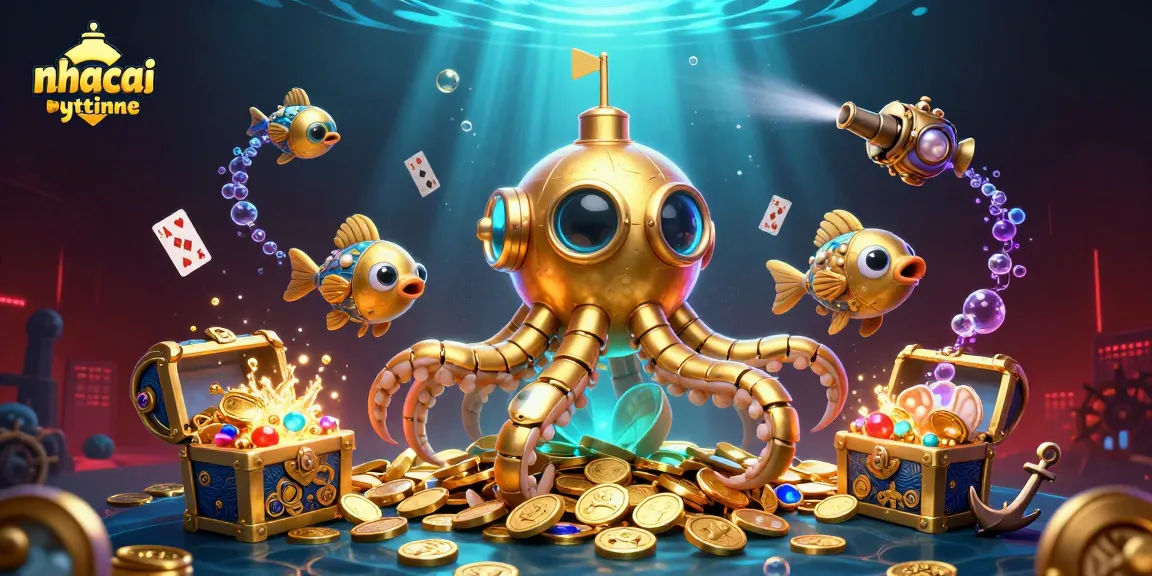 Engage with nhacaiuytinne's vibrant casino scene showcasing a golden kraken and treasures.