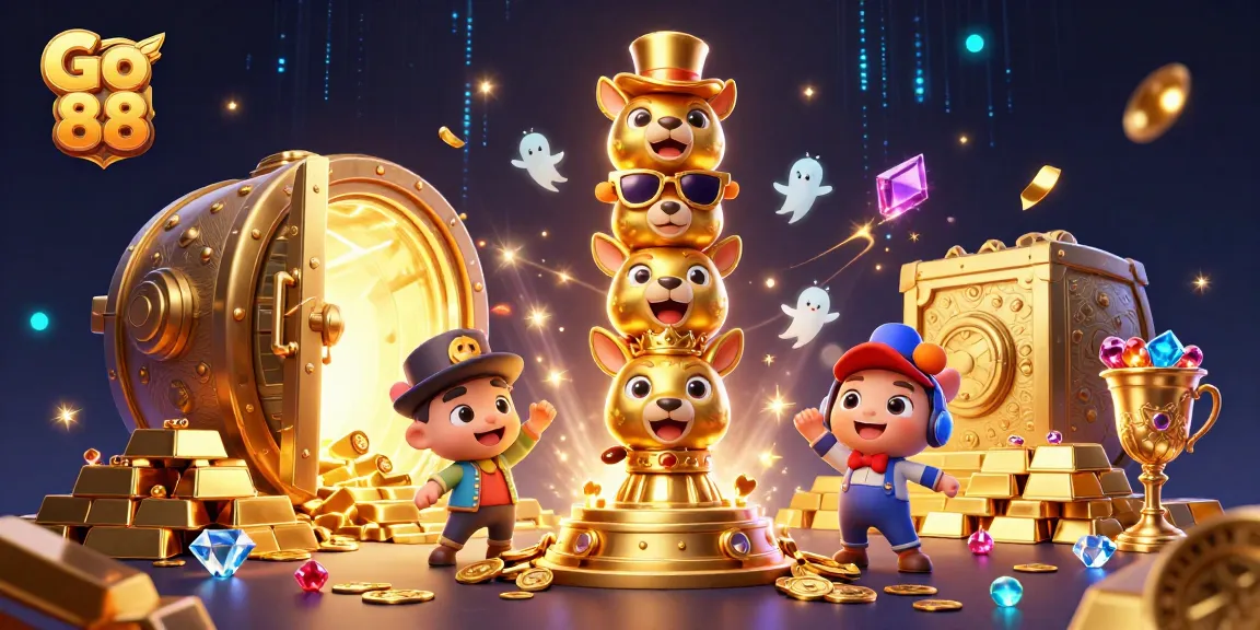 Win big with Go 88 at a vibrant online casino, featuring dynamic characters and stunning treasure elements.