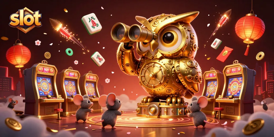 Experience thrilling slot action with a golden owl watching over vibrant casino patrons and dynamic game elements.