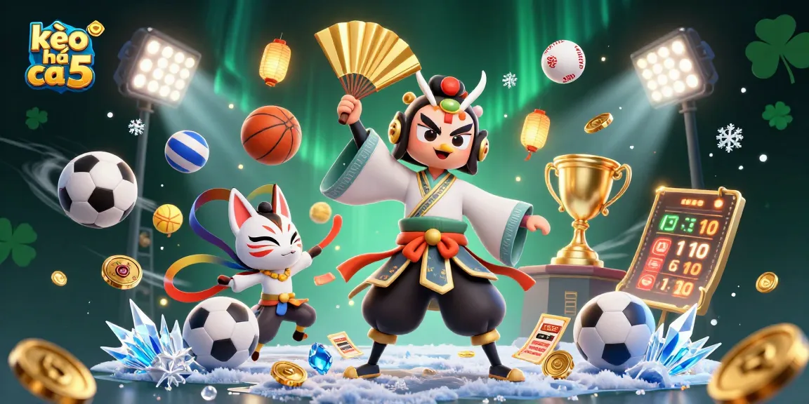 Place bets with kèo nhà cái 5 in a vibrant 3D sports betting illustration.