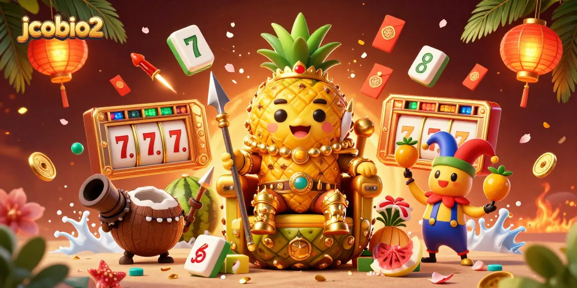 Engage with exciting jackpots and rewards in jcobio2's vibrant beach casino scene featuring a pineapple king.