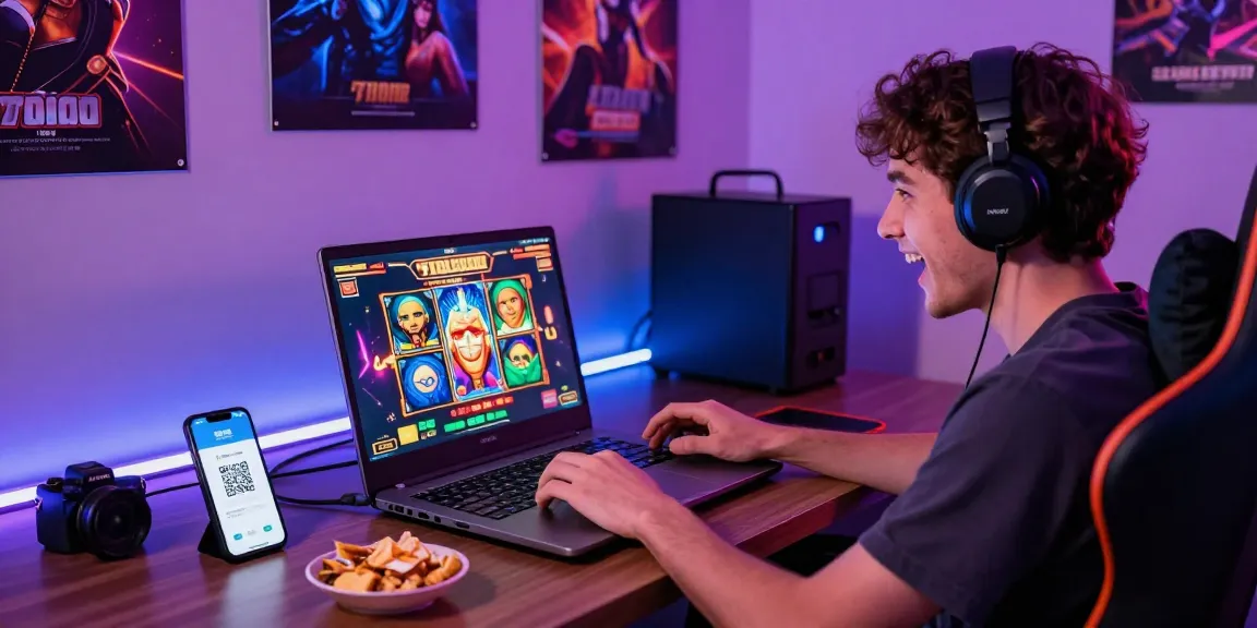 Player enjoying slot7000 online game with QRIS payment setup.