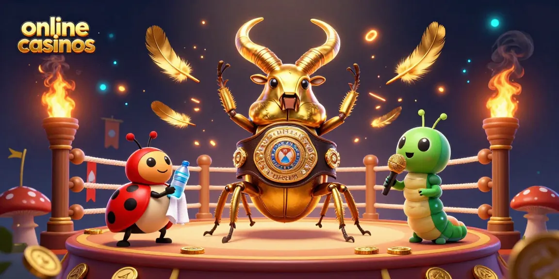 Engage in online casinos with a dynamic scene featuring a giant stag beetle and lively characters.