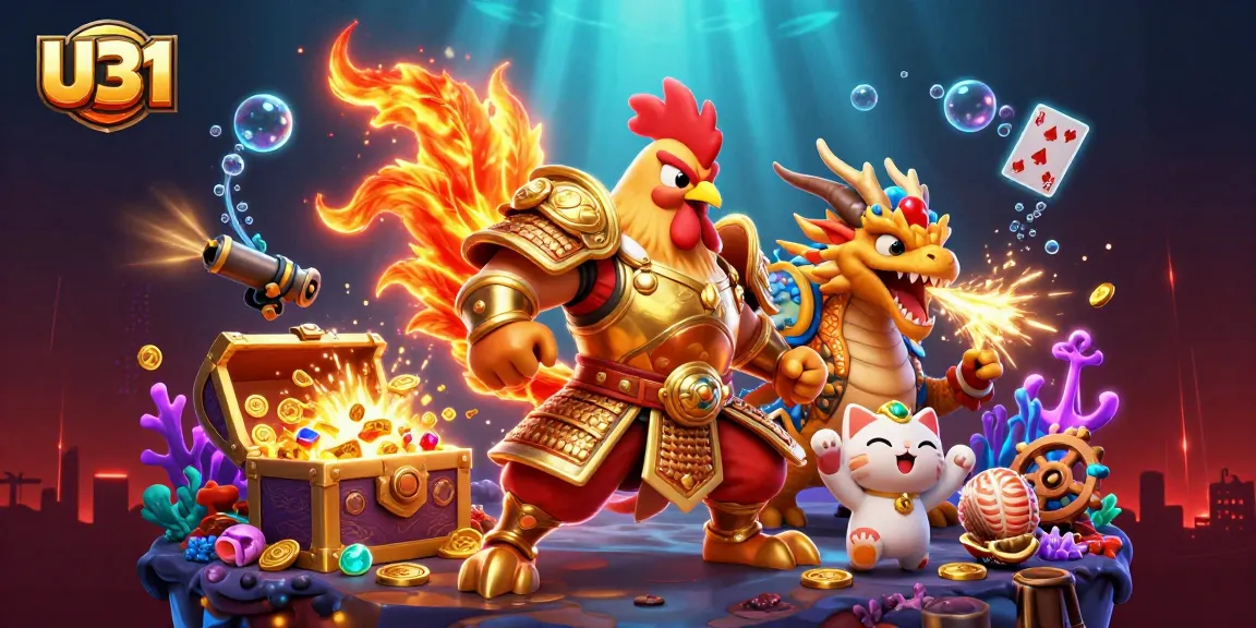 Experience thrilling gameplay at U31 with a dynamic illustration showcasing a fighting rooster warrior, a dragon hatchling, and rich casino elements.
