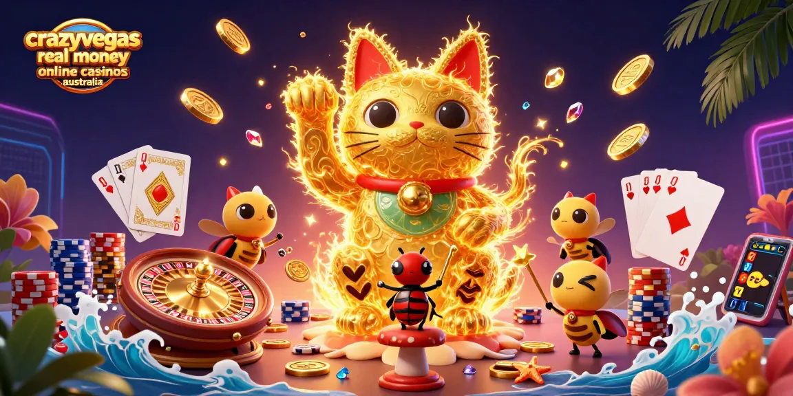 Experience crazyvegas real money online casinos Australia with golden fireflies and vibrant casino symbols.